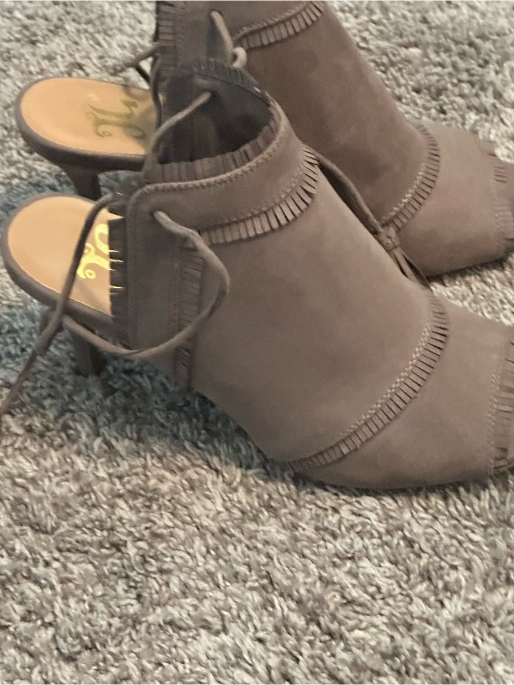 Suede Fringe Mule Heels - Taupe